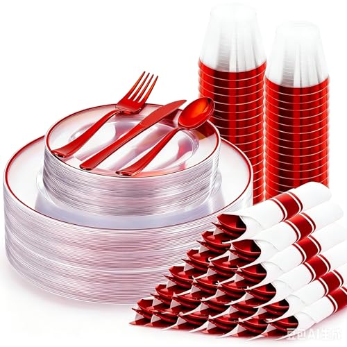 SUT 175 Pcs Red and Clear Plastic Dinnerware Set for 25 Guests, Include: 25 Dinner Plates, 25 Dessert Plates, 25 Pre Rolled Napkins With Silverware, 25 Cups, Disposable Plates for Party - color: Clear Red, size: 175PCS