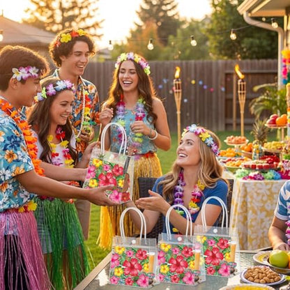 Aliceset 24 Pcs Clear Hawaiian Gift Bags with Handles Tropical Floral Hawaiian Luau Party Favor Bag for Aloha Theme Tropical Luau Summer Party with Palm Leaves 6.31"x 5.91"x 3.15" - style: Hibiscus with Leaves