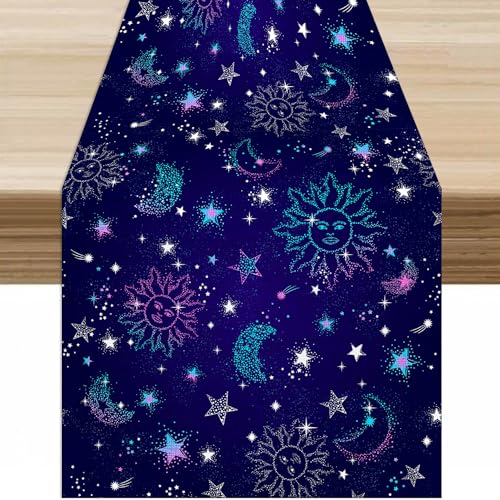Sun Moon Table Runner,Fantasy Cartoon Colorful Bohemian Starry Sky Celestial Tarot Card Tabletop Restaurant Dining Kitchen Wedding Party 13x36 Inch - color: Moon Style-12, size: W13X L36