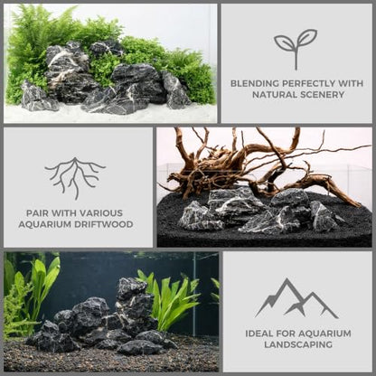 2.2-8.1 Inches Natural Black Lava Rock, 5 PCS Mixed Sizes Aquarium Rocks for Aquascaping, Terrariums, Reptile Tanks & Aquarium Décor - size: 2.2-8.1 in