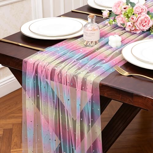 Iridescent Moon and Stars Gauze Table Runner 120 Inch 10FT Rainbow Tulle Silver Sequin Glitter Table Runner Colorful Dining Wedding Rainbow Birthday Decorations Unicorn Decor Holiday Home Party - color: Rainbow, size: 10 ft × 1 pc
