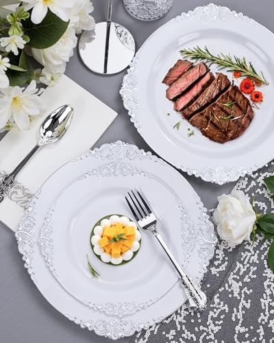 Nervure 350PCS Silver Plastic Dinnerware - White and Silver Disposable Plates for 50 Guests - 100 Disposable Plates, 150 Plastic Silverware, 50 Cups, 50 Napkins for Wedding & Party - color: White Silver, style: 350Pcs(50Guests)
