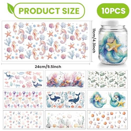 arricraft 10 Pcs Colorful Ocean Animals Theme Cup Printing UV Transfer Papers, 10 Styles Seahorses Seaweed Jellyfish Dolphins Turtles UV DTF Cup Wrap Stickers for 16 OZ Glass Cups Crafts 9.5x4.3inch - style: Colorful Ocean Animals Theme