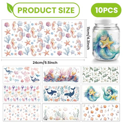 arricraft 10 Pcs Colorful Ocean Animals Theme Cup Printing UV Transfer Papers, 10 Styles Seahorses Seaweed Jellyfish Dolphins Turtles UV DTF Cup Wrap Stickers for 16 OZ Glass Cups Crafts 9.5x4.3inch - style: Colorful Ocean Animals Theme