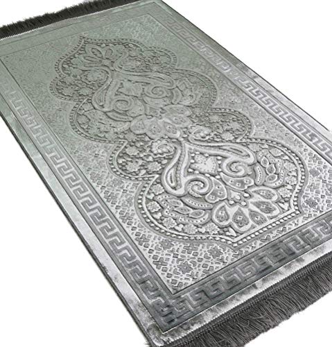 Modefa Luxury Velvet Prayer Rug with Prayer Beads | Soft Elegant Muslim Turkish Janamaz Sajada Carpet for Men and Women | Plain Solid Prayer Mat Ramadan Eid Gift - Paisley (Silver Grey) - color: Silver Grey