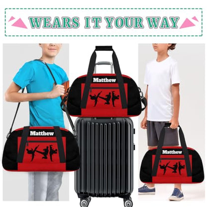 Custom Sports Gym Bag for Boys, Martial Art Silhouette Black Red | Personalized Named Practice Travel Overnight Training Bag - color: Color 1