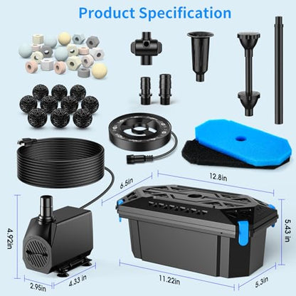Antfraer Pond Filter with LED Lights, RGB Pond Filter with 660GPH Pump Fountain Kit, Filter Box with RGB Auto-Cycle LED Lights & 3 Spray Modes for Outdoor Ponds Clean Clear and Build Water Features - style: 660GPH with Led Lights