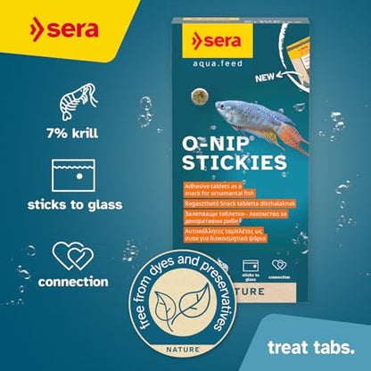 Sera O-Nip Stickies 24 Tabs 0.6 oz | Complete Feed for All Ornamental Fish | Adhesive Tablets Stick to The Aquarium Glass | High Protein | No Dyes & Preservatives | with Bloodworms, Krill & Tubifex - size: 0.6 Ounce (Pack of 1)