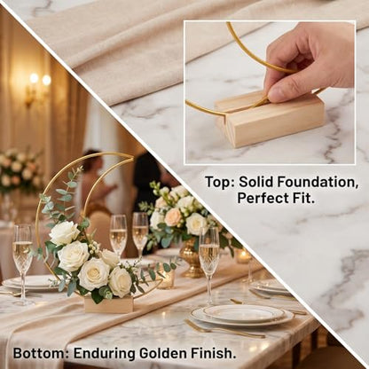 6pcs Wedding Decoration Table Hoop Party Centerpieces with Wood Base Moon Shape Metal Hoop Centerpiece Elegant Moon Metal Hoop Sturdy Golden Hoop Centerpieces Wreath Ring Stand