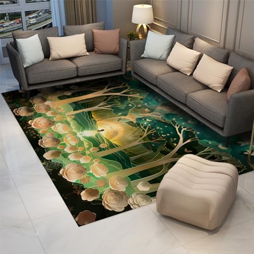 Cartoon Area Rug Green Flower and Jungle Theme Carpet Room Decor Machine Washable Floor Mat for Bedroom Living Room Cute Girl Gift Rug 4' x 5'3" - size: 4' x 5'3"