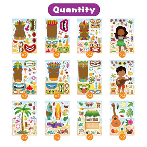 Summer Stickers, Hawaii Make a Face Sticker, Aloha Tiki Totem | 24 Sheets Make Your Own Beach Tropical Cartoon Mix and Match Stickers Hawaiian Coconut Tree Summer Luau Party Favors - style: Summer Stickers
