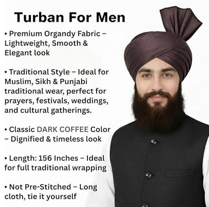 Turban For Men (156 Inches) Long Cloth – Muslim, Sikh, Punjabi Headwrap | For Prayer, Festivals & Special Occasions - color: Dark Coffee