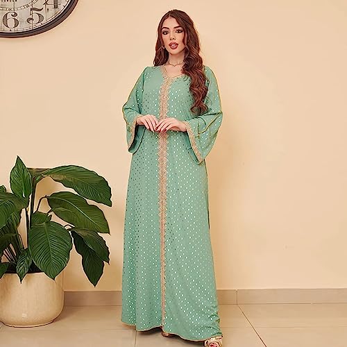FPOVFPO Women's Muslim Abaya One-Piece V Neck Bronzing Dress Islamic Full Length Kaftan Daily Casual - color: Green, size: X-Large