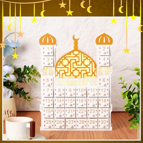 Glooglitter Wooden Ramadan Advent Calendar 30 Storage Drawers Ramadan Countdown Calendar 30 Days Advent Muslim Islam Castle Decorations for Eid Party Supplies