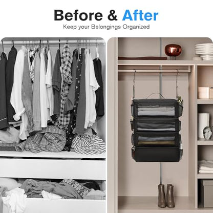 ToMiss Hanging Suitcase Organizer, Travel Essentials Carry-on Collapsible Packing Cubes for Travel, Stow-N-Go Portable Hanging Closet Organizer Shelves Luggage Bag, Medium, Black