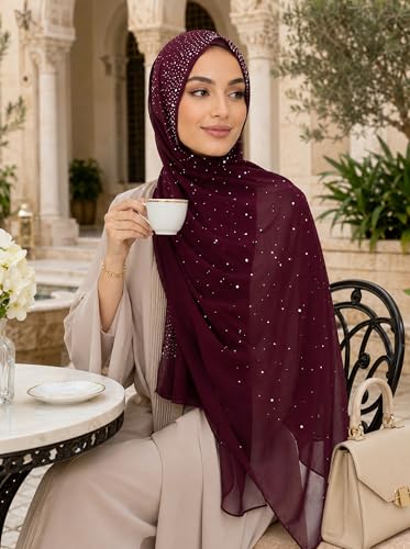 Chiffon Hijab Scarf for Women, Rhinestone Pearl Muslim Head Scarf, Lightweight Shawl Wrap - color: Purplish-red