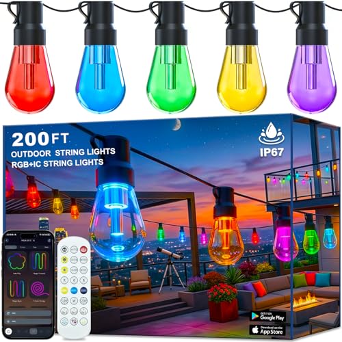 Outdoor String Lights,200FT Smart RGB+IC Patio Lights with Shatterproof LED Bulbs ,Outside Light Dimmable Patio for Decor DIY IP67 Waterproof ,Courtyard, garden,Holiday,LED lights more Scene Modes - size: 200FT Outdoor