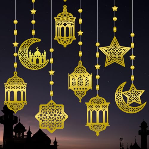 Gold Star-Moon Ramadan Party-Decorations Garland - 8pcs Eid Mubarak Twinkle Little Star Hanging Decor Swirl Lanterns,Birthday Wedding Party Banner Lasting Surprise