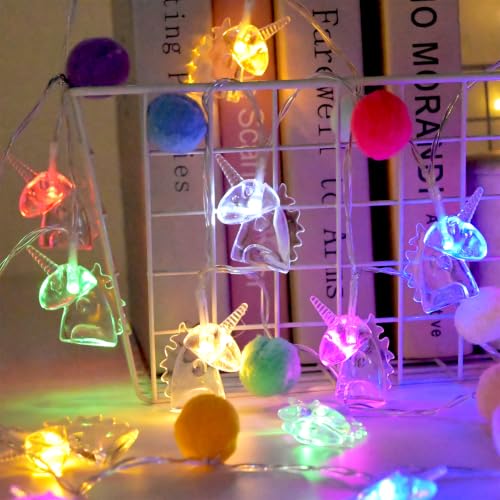 ChiRee Colorful Unicorn String Lights with Pom Poms Cute Decor for Bedroom - color: Colroful Pompoms-Colorful Unicorn