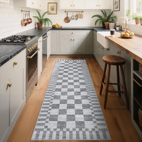 GarveeHome 2.5x10 Grey Checkered Kitchen Runner Rug for Hallway Washable - color: Grey, size: 2.5' x 10' (Rectangular)