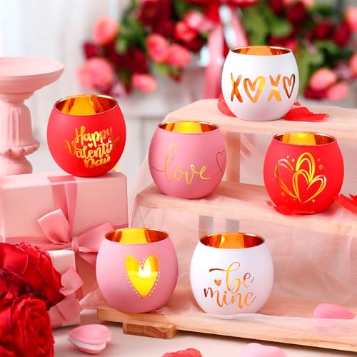 FoldTier 6 Pcs Valentines Candle Holders Love Glass Tealight Votive Candle Holder for Table Centerpiece Valentine's Day Wedding Party Decoration Home Tabletop Decor Gift - style: Valentines