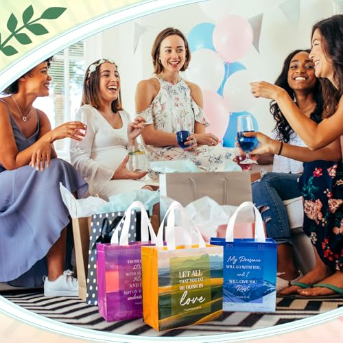 HunnmingRe 32 Pcs Christian Gift Bags Bulk,Reusable Scene Religious Bible Verse Tote with Handles Non Woven Scripture Pastor Blessing Gift for Baptism Church Wedding Favors - style: Scene