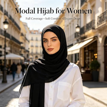 Jersey Hijab Scarf for Women,Lightweight Muslim Turban Head Scarf Modal Feel Hijab Coverings for Prayer with Clip - color: Black