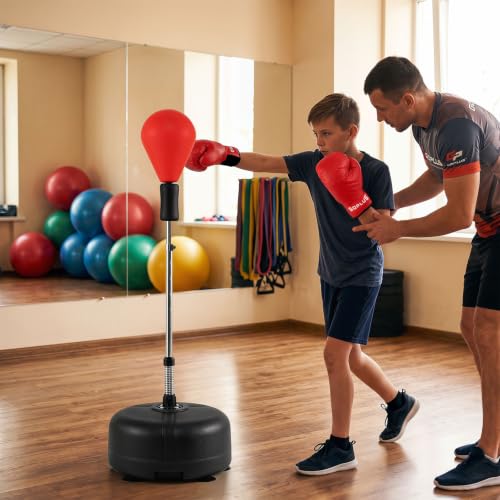 Goplus Punching Bag with Stand, 54.5"-62" Height Adjustable Speed Boxing Equipment with Gloves, Fillable Weighted Base, Fitness Reflex Bag for Teens Youth Adults Home Gym Workout MMA Training - color: Red