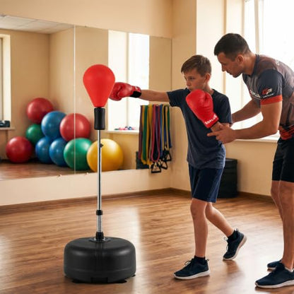 Goplus Punching Bag with Stand, 54.5"-62" Height Adjustable Speed Boxing Equipment with Gloves, Fillable Weighted Base, Fitness Reflex Bag for Teens Youth Adults Home Gym Workout MMA Training - color: Red