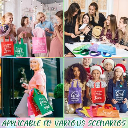 WILLBOND Christian Gift Bags Reusable Non Woven Bible Verse Goodie Bags with Handle Fabric Religious Employee Appreciation Gifts for Church Positive Business Party Favor - color: Bright Color