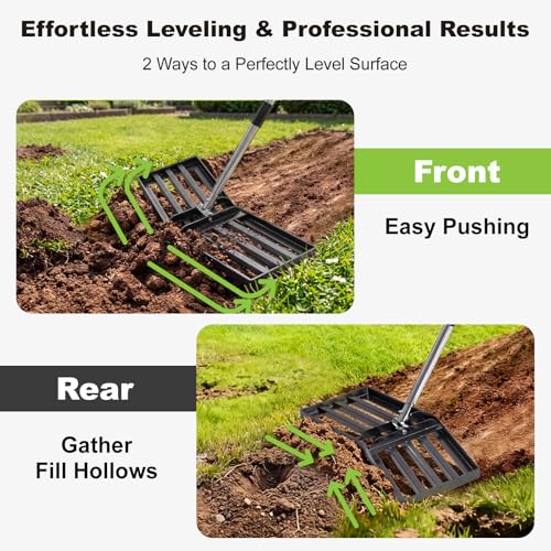 36" x 10" Lawn Leveling Rake, Angled Design Yard Leveler Rake | Stainless Steel Landscape Rake with 74" Adjustable Handle, Ground Leveler for Dirt, Farm, Sand, Soil, Pasture, Golf Course - size: 36 Inch