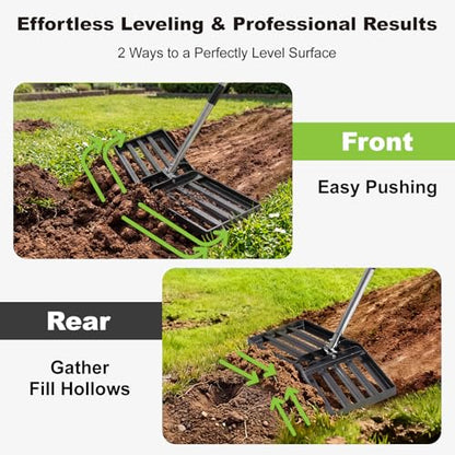 36" x 10" Lawn Leveling Rake, Angled Design Yard Leveler Rake | Stainless Steel Landscape Rake with 74" Adjustable Handle, Ground Leveler for Dirt, Farm, Sand, Soil, Pasture, Golf Course - size: 36 Inch