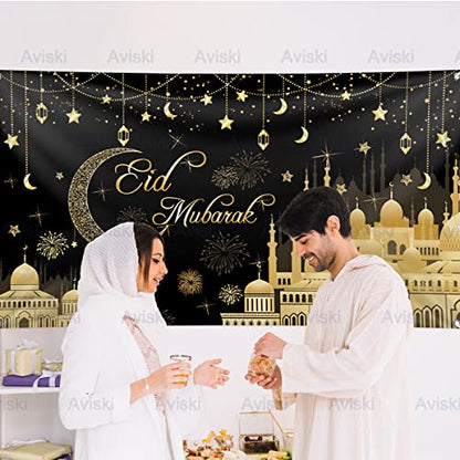 Aviski Eid Mubarak Banner 78 x 43 Inch Black Background Banners for Muslim Party Decorations