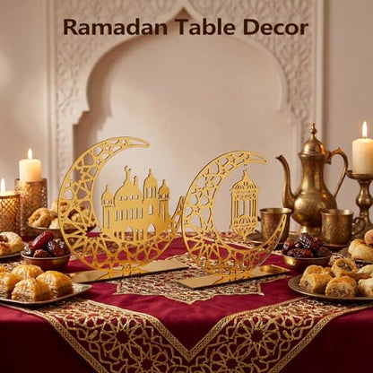 2 Pieces Ramadan Decorations for Home Islamic Eid Mubarak Kareem Table Sign Crescent Moon Hollow Star Ornament for Muslim Party Ramadan Table Decor Art Craft Decoration Golden Moon