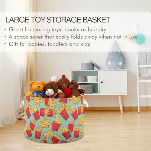 French Fries Pattern Toys Storage Bin with Cotton Rope Large Capacity Clothes Storage Baskets Laundry Hamper Holiday Ornament Box Organizer for Bedroom Bathroom Nursery