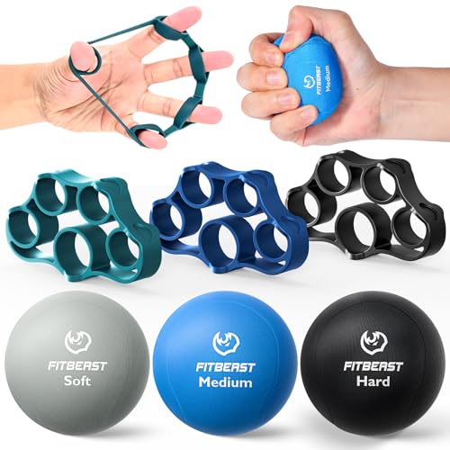 FitBeast Grip Strength Trainer – 6 Pieces Hand Therapy Kit with Finger Extension Exerciser & Stress Balls for Adults, Rehab & Strength Training – for Men, Women, and Seniors - color: 6-Piece Cool Tones