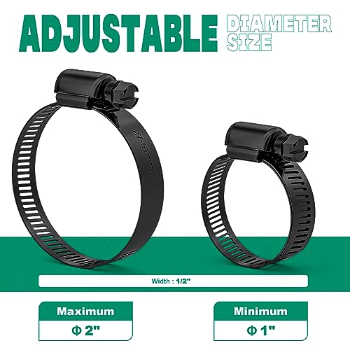 OURU 10PCS 1"–2" Black Hose Clamp,Adjustable 27-51mm Small Hose Clamps Stainless Steel,Metal Worm Gear Hose Clamps for Automotive,Plumbing,Intercooler,Pipe,Fuel Line Radiator Clamps - size: 10PCS (1" - 2")