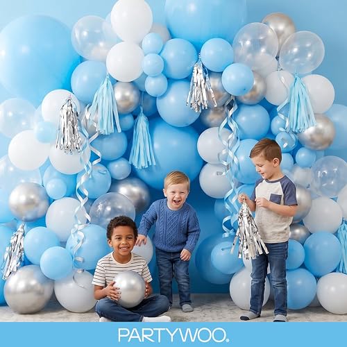 PartyWoo 라이트 블루 풍선 152피스 다양한 사이즈 팩 45.7cm(18인치), 30.5cm(12인치), 25.4cm(10인치), 12.7cm(5인치) 베이비 파스텔 블루 풍선 아치 키트, 베이비 샤워, 성별 공개 졸업 인어 생일 수영장 파티 장식 블루-Y20 - color: 블루-y20