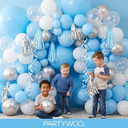 PartyWoo 라이트 블루 풍선 152피스 다양한 사이즈 팩 45.7cm(18인치), 30.5cm(12인치), 25.4cm(10인치), 12.7cm(5인치) 베이비 파스텔 블루 풍선 아치 키트, 베이비 샤워, 성별 공개 졸업 인어 생일 수영장 파티 장식 블루-Y20 - color: 블루-y20