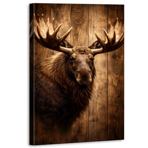 Moose Deer Picture Wall Decor Rustic Animal Wall Art Dining Room Rustic Home Decorations Hunting Animals Theme Canvas Painting Wildlife Moose Poster Wood Grain Background Artwork Cabin Decor 24x36” - color: Retro Moose, size: 20"L x 30"W