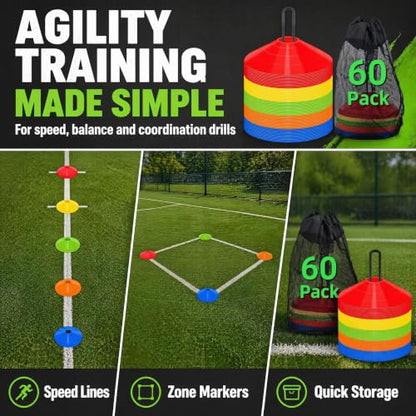 60/120 Pack Agile Soccer Cones with Portable Bags & Brackets,Sports Cones,cones for sports training，soccer cones for training，soccer training equipment，Agile Soccer Cones Used for Football Training - size: A-60 Pack Soccer Cones