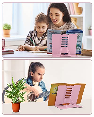 MSDADA Desk Book Stand Metal Reading Rest Book Holder Adjustable Cookbook Documents Holder Portable Sturdy Bookstands for Recipes Textbooks Tablet Music Books with Page Clips (Light Pink) - color: Light Pink