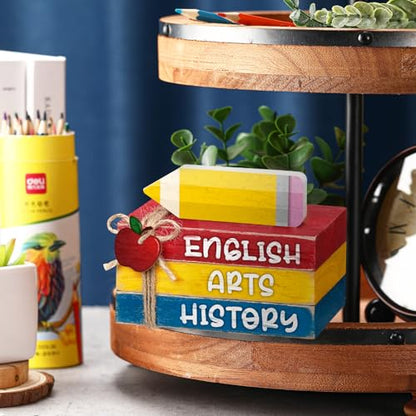 4 Pcs Back to School Table Decorations Mini Wooden Pencil Books Stacks Subject Signs First Day of School Tiered Tray Decorations Decorative Trays for Office Shelf Classroom Tabletop Desk Shelf - style: Pencil