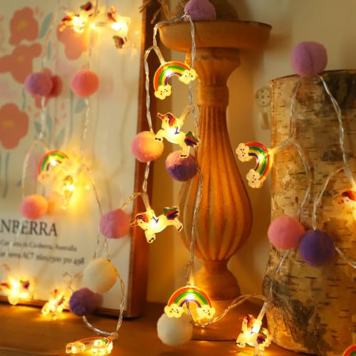 ChiRee Purple Pom Poms with Unicorn and Rainbow String Lights - color: Purple Pompoms-Unicorn & Rainbow