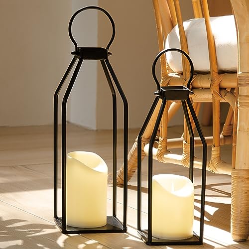 Perfnique Modern Farmhouse Lantern Decor, 15'' 13'' Set of 2 Black Metal Lantern, 2 LED 6hr Timer Flameless Candles ＆ Remote Timer, Lanterns Decorative for Outdoor, Home, Indoor, Patio, Christmas - color: 15inch & 13inch
