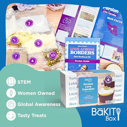 BāKIT Box Persian Love Cupcakes Baking Kit for Kids – Global Cultural Baking Activity Set with Recipe, Booklet & Premium Ingredients – Includes Rose Water, Cardamom & Pistachios – Ages 7–14 - color: Persian Love Cupcakes
