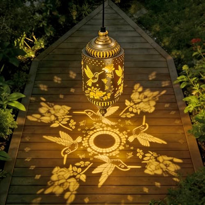 2 Pack Solar Hummingbird Hanging Lantern for Patio, Porch & Garden Decor | Casts beautiful hummingbird patterns, waterproof outdoor lanterns and thoughtful gardening gifts for women. - style: Hummingbird