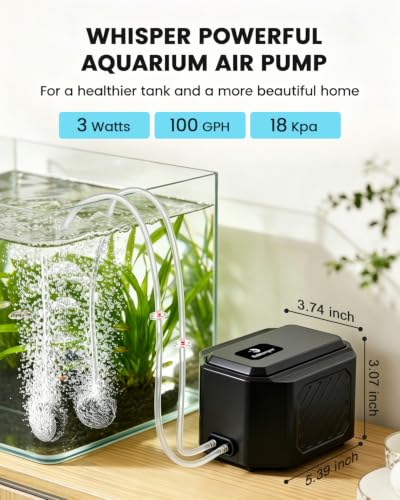 fishkeeper Strong Aquarium Air Pump 3W/6W/10W for 1-200 Gallon | Stainless Steel Dual Outlets Adjustable Fish Tank Air Pump, Ultra Quiet Oxygen Aerator with Air Stone Bubbler Accessories - size: 3W(for Up to 80 Gallon Tanks)