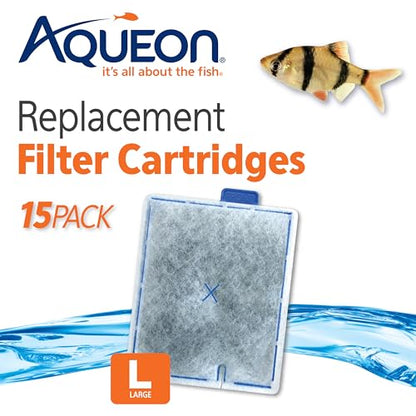 Aqueon Replacement Filter Cartridges For Filter Models 20, 30, 40, 50, and 75, and Canister Models 200, 300, and 400, Large, 15 pack | Fish tank filter cartridge with activated carbon, rinse-install tab, change every 4 weeks, fits canister filter 200-400
