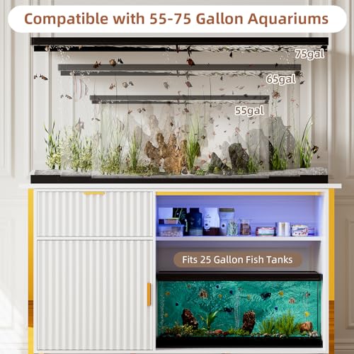 55-75 Gallon Fish Tank Stand with Power Outlets, LED Light, Vertical Lines, Heavy Duty Aquarium Stand with Cabinet for Fish Tank Accessories Storage, Turtle Tank, Reptile Terrarium, 1100LBS, White - color: White and Gold